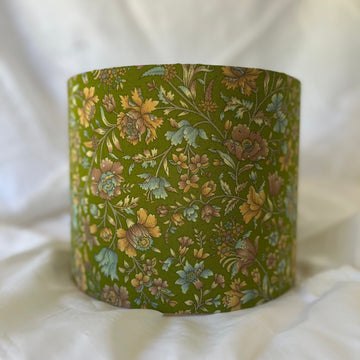 Silk floral lampshade in soft green, peach, and blue. Lined with a contrasting peach silk